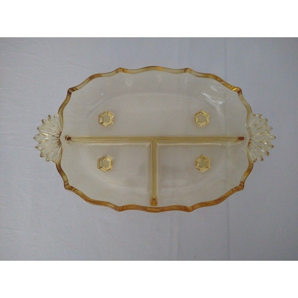 True Vintage almost antique Fostoria Topaz Yellow Divided Footed Relish Dish